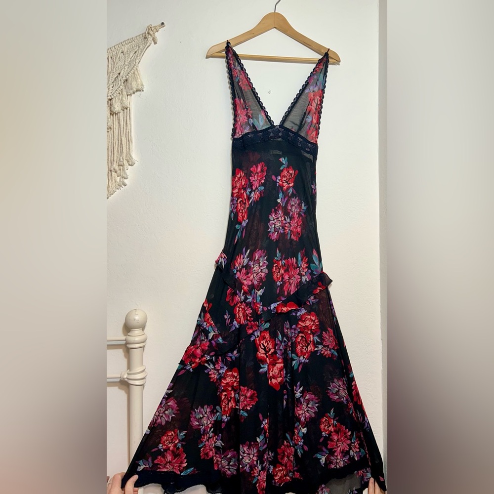 Free People Stay AWhile Black Floral Maxi Slip Dress Sz Small